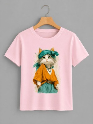 Vodexa Ünisex Oversize T-Shirt Süslü Kedi Baskılı %100 Pamuk Tişört Rahat Kalıp