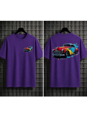 Vodexa Ünisex Oversize T-Shirt Retro Araç Baskılı %100 Pamuk Tişört Rahat Kalıp
