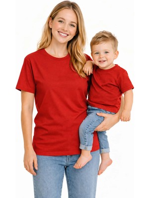 Vodexa Anne Çocuk Kombin Oversize Tişört Twin T-Shirt Tek Renk Baskılı
