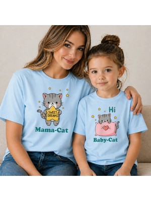 Vodexa Anne Kız Baby Cat Oversize Tişört Twin T-Shirt %100 Pamuk Rahat Kalıp
