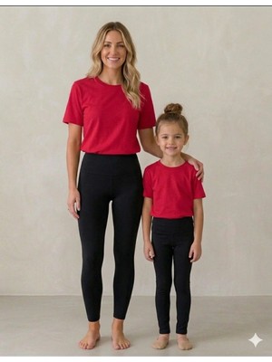 Vodexa Anne Kız Tayt ve Thişört Takım T-Shirt Takım %100 Pamuk Esnek Rahat Günlük Spor Kombin(Tekli Satımaktadır)