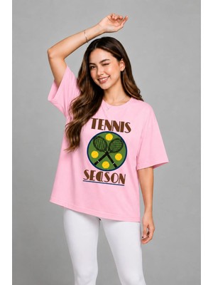 Vodexa Unisex Oversize Tennis Baskılı T-Shirt %100 Pamuk Tenis Temalı Rahat Kalıp Kısa Kollu Tişört