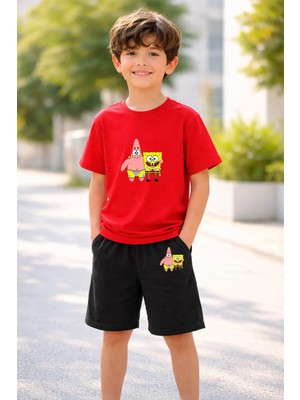 Vodexa Erkek-Kız Çocuk Tişört Şort Takım %100 Pamuk Yazlık Rahat Kalıp Baskılı T-Shirt Çocuk Kombin