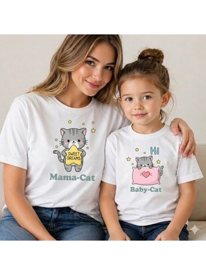 Vodexa Anne Kız Baby Cat Oversize Tişört Twin T-Shirt %100 Pamuk Rahat Kalıp