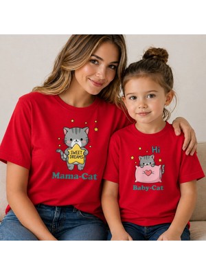 Vodexa Anne Kız Baby Cat Oversize Tişört Twin T-Shirt %100 Pamuk Rahat Kalıp