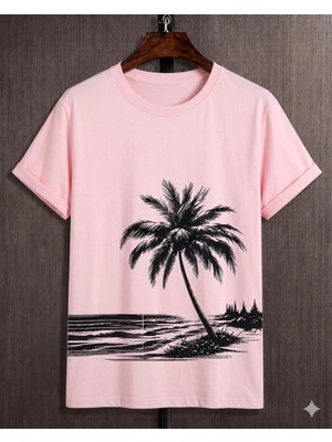 Vodexa Ünisex Oversize T-Shirt Sahilde Palmiya Baskılı %100 Pamuk Tişört Rahat Kalıp