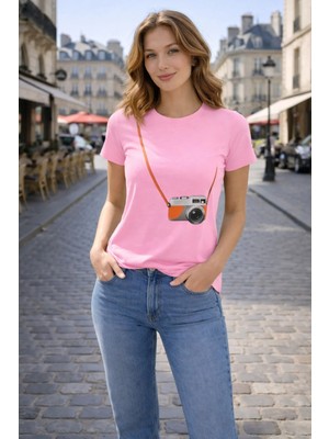 Vodexa Kadın Oversize T-Shirt Fotoraf Makinası Baskılı %100 Pamuk Tişört Rahat Kalıp