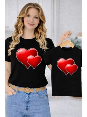 Vodexa Anne Ünisex Çocuk Kombin Oversize Tişört Twin T-Shirt Yapışık Kalpler Baskılı