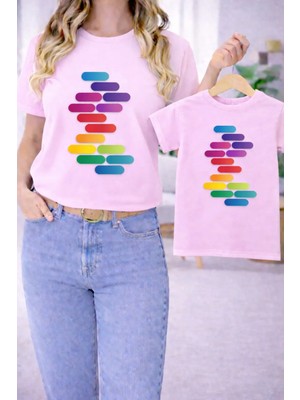 Vodexa Anne Ünisex Çocuk Kombin Oversize Tişört Twin T-Shirt Renkler Baskılı