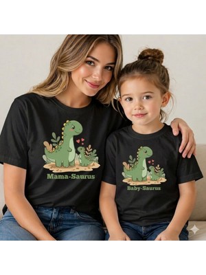 Vodexa Anne Kız Sevimli Dinazor Baskılı Oversize Tişört Twin T-Shirt %100 Pamuk Rahat Kalıp