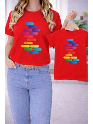 Vodexa Anne Ünisex Çocuk Kombin Oversize Tişört Twin T-Shirt Renkler Baskılı