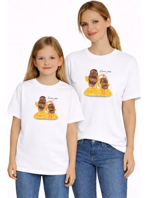 Vodexa Anne Kız Çocuk Kombin Oversize Tişört Twin T-Shirt Sarı Elbise Baskılı