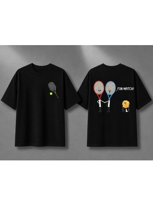 Vodexa Unisex Oversize Tennis Baskılı T-Shirt %100 Pamuk Tenis Temalı Rahat Kalıp Kısa Kollu Tişört