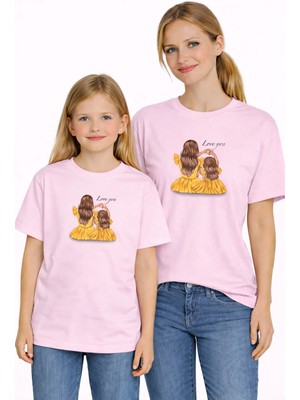 Vodexa Anne Kız Çocuk Kombin Oversize Tişört Twin T-Shirt Sarı Elbise Baskılı