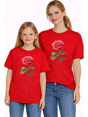 Vodexa Anne Kız Çocuk Kombin Oversize Tişört Twin T-Shirt Kırmızı Gül Baskılı