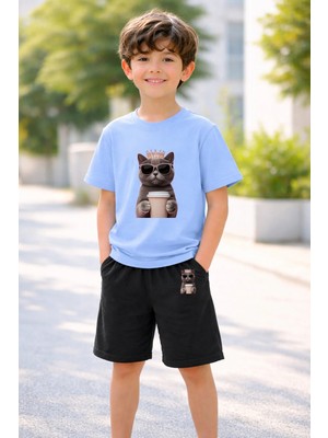 Vodexa Erkek-Kız Çocuk Tişört Şort Takım %100 Pamuk Yazlık Rahat Kalıp Baskılı T-Shirt Çocuk Kombin