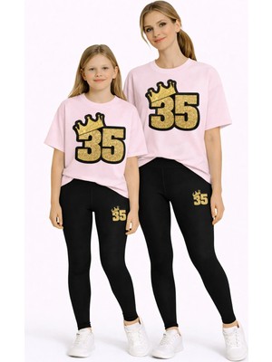 Vodexa Tayt Takım Anne Kız Çocuk Kombin Oversize Tişört Twin T-Shirt 35 Baskılı (Tekli Takım)