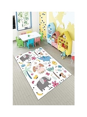 Pelangi Beyaz Sevimli Hayvanlar Desenli Yıkanabilir Kaymaz Taban Leke Tutmazbebek ve Çocuk Odası Halısı, Beyaz-Gri 120 x 160, 901357047120160