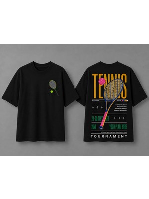 Vodexa Unisex Oversize Tennis Baskılı T-Shirt %100 Pamuk Tenis Temalı Rahat Kalıp Kısa Kollu Tişört