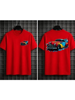 Vodexa Ünisex Oversize T-Shirt Retro Araç Baskılı %100 Pamuk Tişört Rahat Kalıp