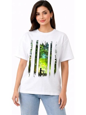 Vodexa Ünisex Oversize T-Shirt Ormanda Baskılı %100 Pamuk Tişört Rahat Kalıp