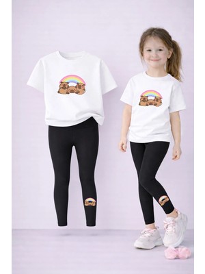 Vodexa Anne Kız Kombin Tayt-T-Shirt Takım %100 Pamuk Baskılı Esnek Rahat Günlük Spor Kombin