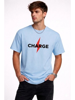 Vodexa Ünisex Oversize T-Shirt Charge Baskılı %100 Pamuk Tişört Rahat Kalıp