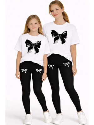 Vodexa Anne Kız Çocuk Kombin Oversize Tişört Twin T-Shirt Siyah Kurdela Baskılı