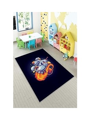 Pelangi Lacivert Astronot Desenli Yıkanabilir Kaymaz Taban Leke Tutmazbebek ve Çocuk Odası Halısı, Lacivert 100 x 350, 901357074100350