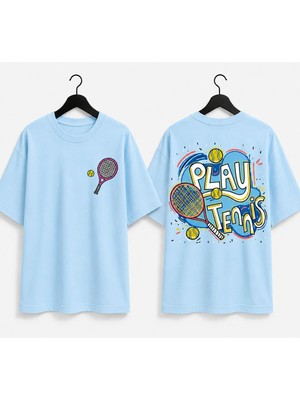 Vodexa Unisex Oversize Tennis Baskılı T-Shirt %100 Pamuk Tenis Temalı Rahat Kalıp Kısa Kollu Tişört