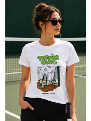 Vodexa Unisex Oversize Tennis Baskılı T-Shirt %100 Pamuk Tenis Temalı Rahat Kalıp Kısa Kollu Tişört