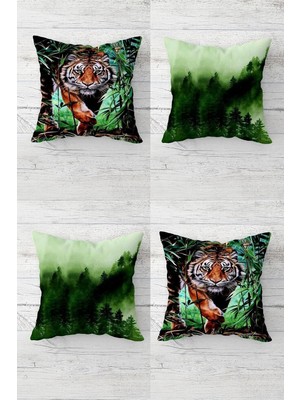 Pelangi Orman Içerisindeki Leopar Gizli Fermuarlı Kırlent Kılıfı Koltuk Yastık Kılıfı TAKIM(4ADET), Koyu Yeşil-Kahverengi 45 x 45