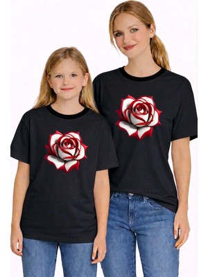 Vodexa Anne Kız Çocuk Kombin Oversize Tişört Twin T-Shirt Beyaz Gül Baskılı