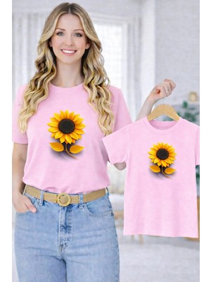 Vodexa Anne Ünisex Çocuk Kombin Oversize Tişört Twin T-Shirt Sarı Çiçek Baskılı Tekli