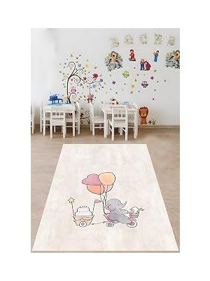 Pelangi Pasta Taşıyan Balonlu Sevimli Fil Yıkanabilir Kaymaz Taban Leke Tutmaz Çocuk Odası Halısı, Gri-Beyaz 80 x 600