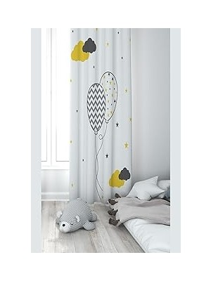 Pelangi Beyaz Balon Desenli Dijital Baskı Yıkanabilir Bebek Çocuk Odası Fon Perdesi, Beyaz 70 x 270