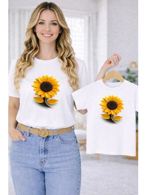 Vodexa Anne Ünisex Çocuk Kombin Oversize Tişört Twin T-Shirt Sarı Çiçek Baskılı Tekli