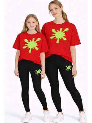 Vodexa Anne Kız Çocuk Kombin Oversize Tişört Twin T-Shirt Yeşil Boya Baskılı
