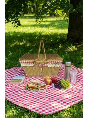 Buffer 2 Kapaklı Dikdörtgen Hasır Görünümlü Piknik Sepeti, Plastik Rattan, Doğal Renk, Dantel ve Ekose Detaylı, 38.5X26X18 cm
