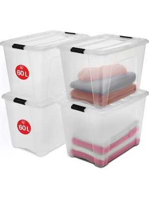 Iris Ohyama Kapaklı Saklama Kutuları, 60L, 4'lü Set, Şeffaf, Güvenli Tokalar, Istiflenebilir, Çekme Kulpları, Yatak Odası, Dolap, Ofis, Organizasyon Için, Bpa Içermeyen Plastik, Giysi Çantası, Ntb-60