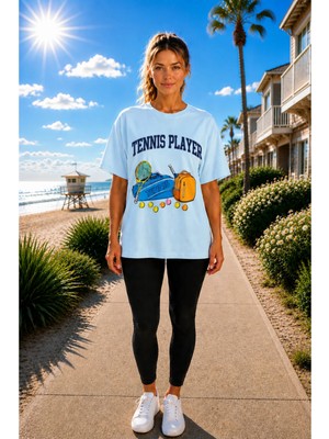 Vodexa Unisex Oversize Tennis Baskılı T-Shirt %100 Pamuk Tenis Temalı Rahat Kalıp Kısa Kollu Tişört