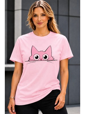 Vodexa Ünisex Oversize T-Shirt Renkli Kediler Baskılı %100 Pamuk Tişört Rahat Kalıp