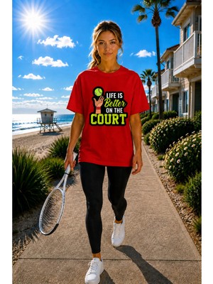 Vodexa Unisex Oversize Tennis Baskılı T-Shirt %100 Pamuk Tenis Temalı Rahat Kalıp Kısa Kollu Tişört