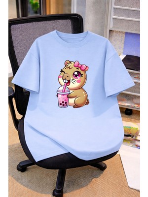 Vodexa Oversize Çocuk Genç Tişört %100 Pamuk Baskılı Rahat Kalıp Günlük Şık T-Shirt