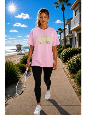 Vodexa Unisex Oversize Tennis Baskılı T-Shirt %100 Pamuk Tenis Temalı Rahat Kalıp Kısa Kollu Tişört