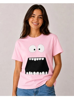 Vodexa Ünisex Oversize T-Shirt Açık Agız Baskılı %100 Pamuk Tişört Rahat Kalıp
