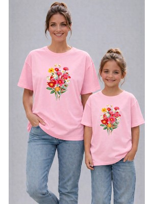 Vodexa Anne Kız Çocuk Kombin Oversize Tişört Twin T-Shirt Demet Çiçek Baskılı (Tekli Satılmaktadır)