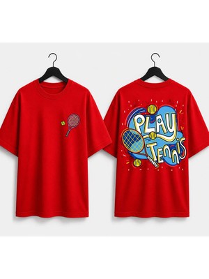 Vodexa Unisex Oversize Tennis Baskılı T-Shirt %100 Pamuk Tenis Temalı Rahat Kalıp Kısa Kollu Tişört