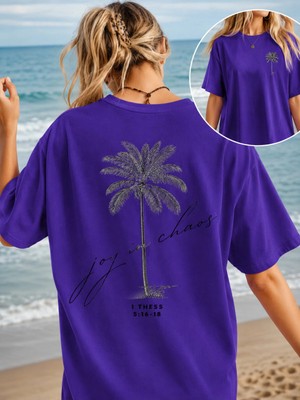 Vodexa Kadın Oversize T-Shirt Palmiya Baskılı %100 Pamuk Tişört Rahat Kalıp