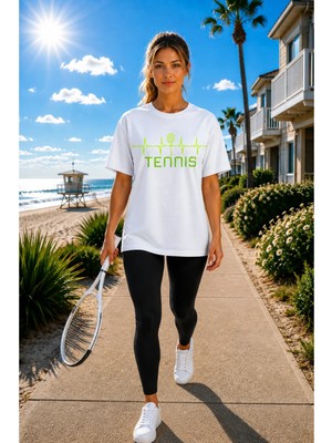 Vodexa Unisex Oversize Tennis Baskılı T-Shirt %100 Pamuk Tenis Temalı Rahat Kalıp Kısa Kollu Tişört